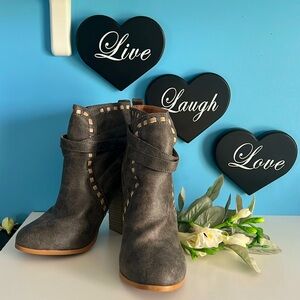 Venus brand, gray, studded, buckle detail booties with a 4 inch heel. Size 7.5